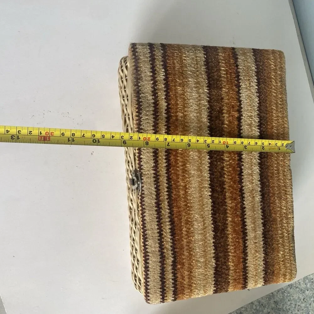 Vintage Woven Wicker  Sewing Basket Box W Carpet Tapestry Lid Wooden